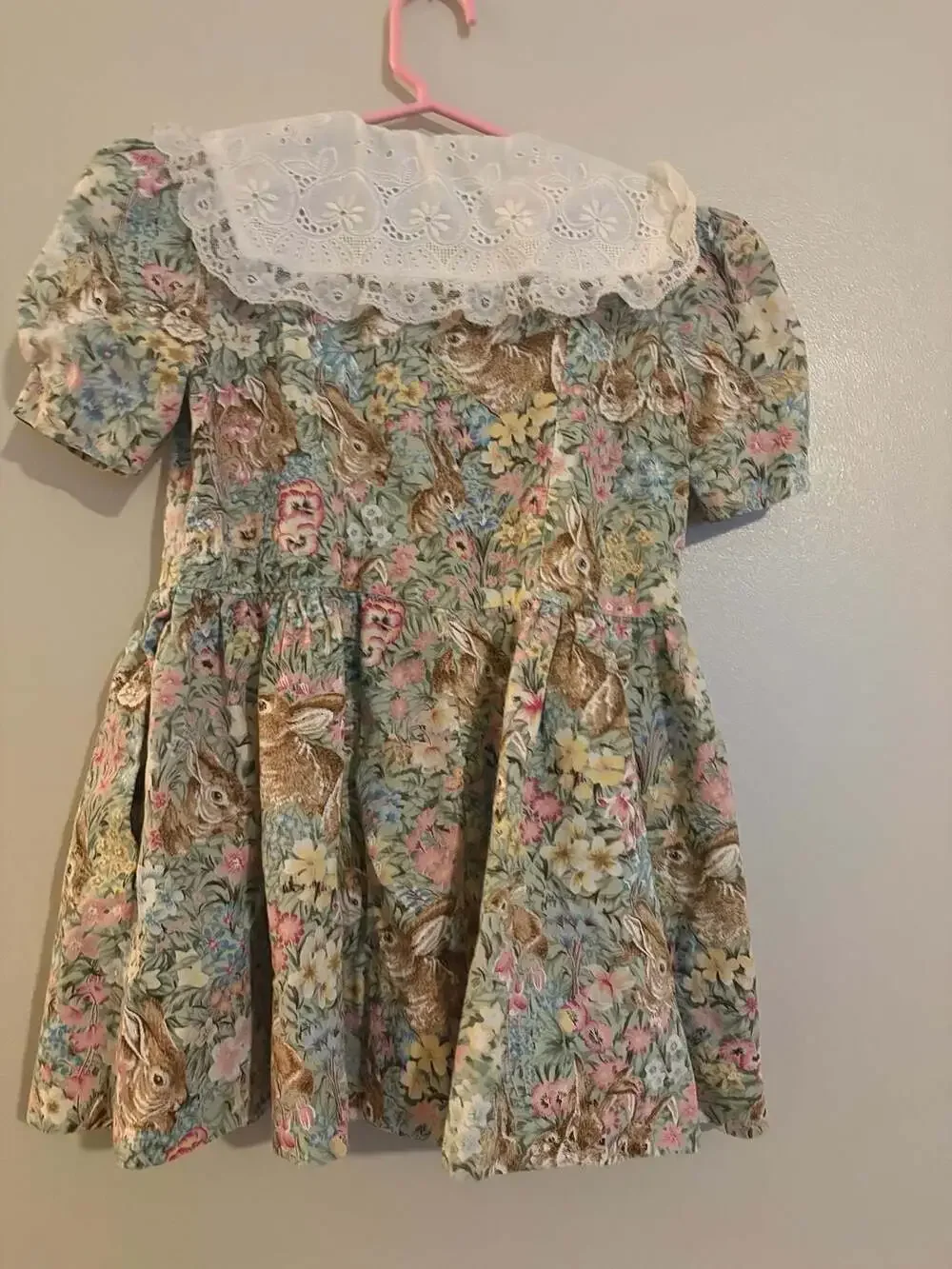 Vintage Style Handmade Floral Rabbit Print Girls Cottagecore Dress with Lace